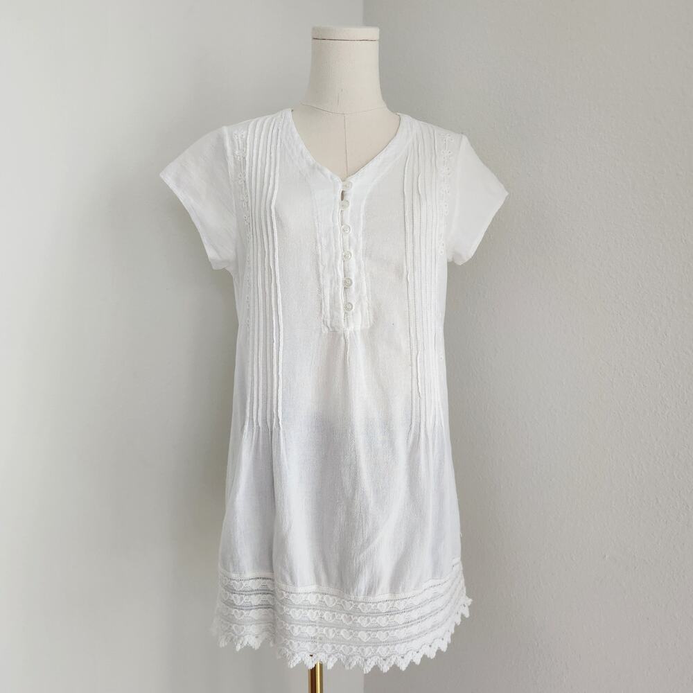 Vintage 90s White Cotton Tunic Blouse Crochet Heart Trim Cottagecore Boho XS S - Picture 6 of 6